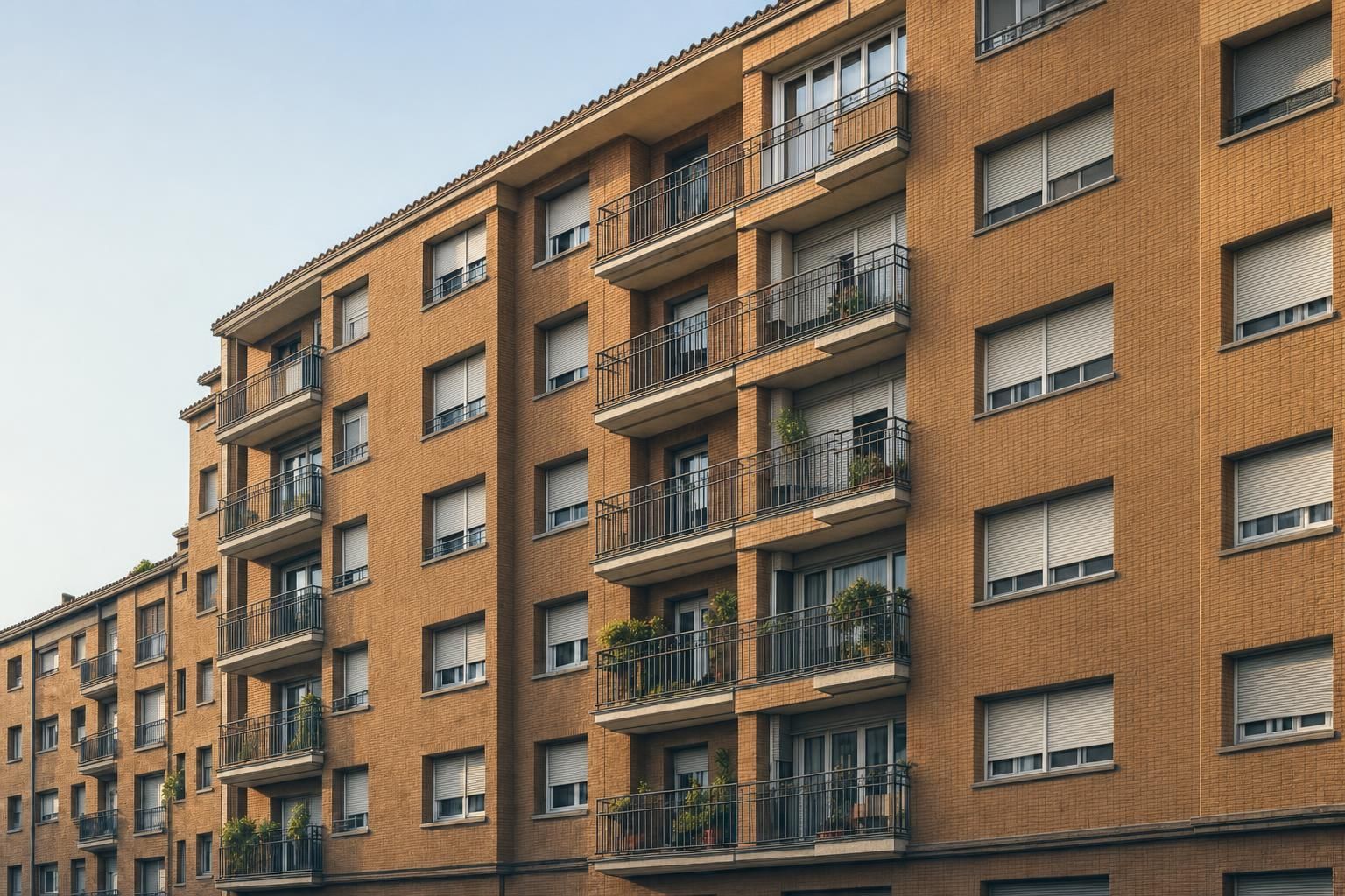 Fachada de ladrillo de un bloque de viviendas de los años 70 con balcones y persianas, a la luz de la tarde